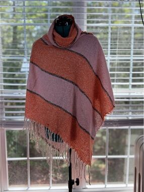 Oversized Cowl Neck Poncho Women’s OS Mauve Burnt Orange Fringe Boho 38x41